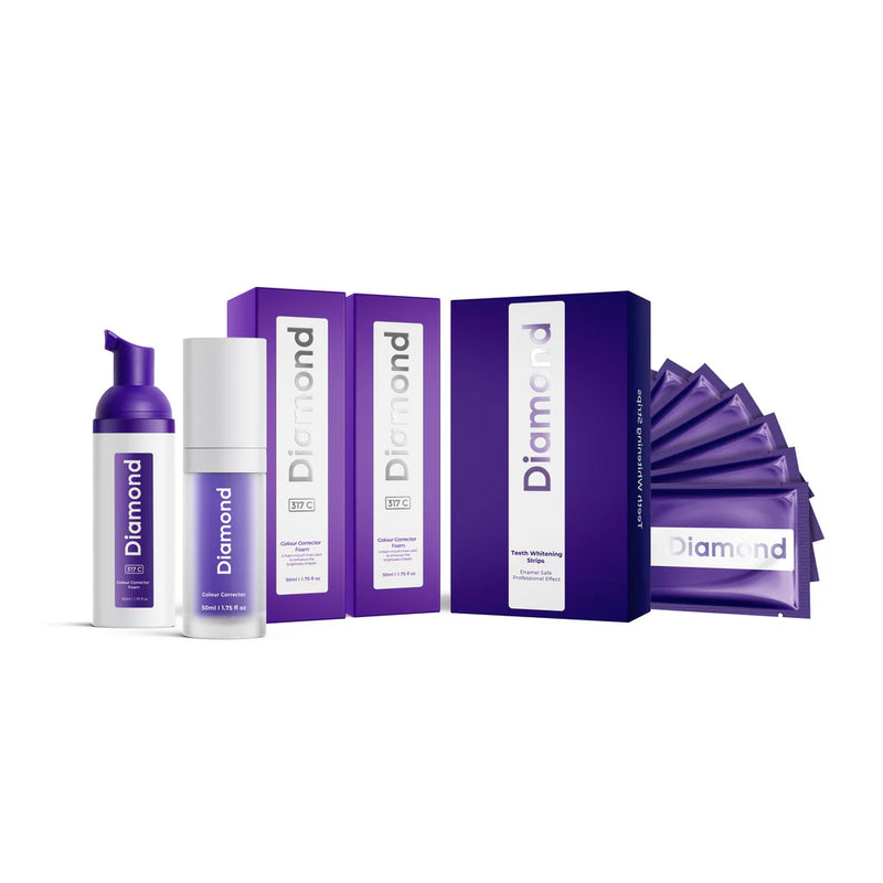 Purple Diamond Smile tandblekningsserum med vita remsor och tandblekningsskum 