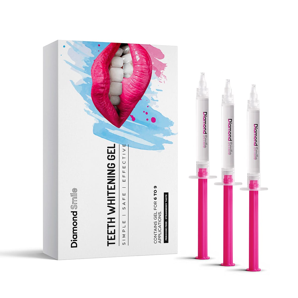 En Diamond Smile tandblekningsgel för blekning av tänder hemma, förpackad mot en vit bakgrund